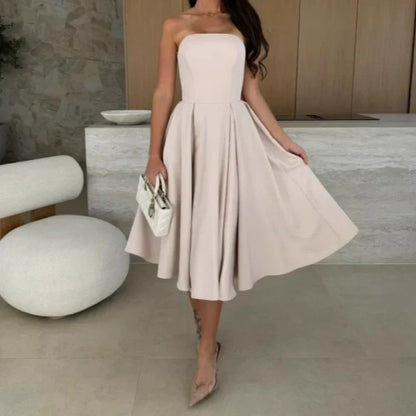 💃🔥Elegant Solid 😍Color Strapless Midi Dress