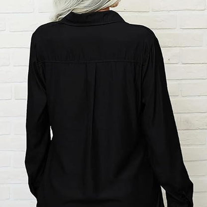 👔 LIMITED-TIME 50% OFF! 💥 Women's Solid Lapel Long Sleeve Button-Down Shirt – V-Neck, Chest Pockets, Loose Fit ✨