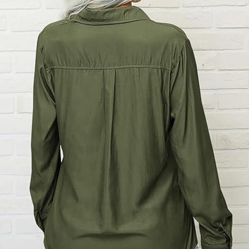 👔 LIMITED-TIME 50% OFF! 💥 Women's Solid Lapel Long Sleeve Button-Down Shirt – V-Neck, Chest Pockets, Loose Fit ✨