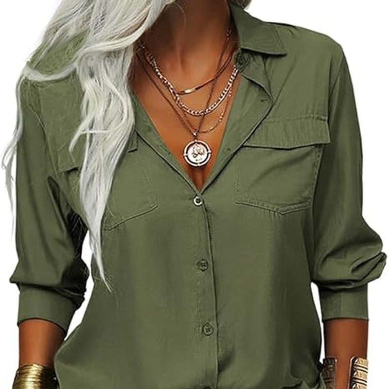 👔 LIMITED-TIME 50% OFF! 💥 Women's Solid Lapel Long Sleeve Button-Down Shirt – V-Neck, Chest Pockets, Loose Fit ✨