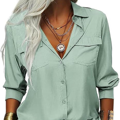 👔 LIMITED-TIME 50% OFF! 💥 Women's Solid Lapel Long Sleeve Button-Down Shirt – V-Neck, Chest Pockets, Loose Fit ✨