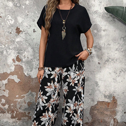 🌸Summer Specials🌸Women's Casual Floral Print Wide Leg Trousers and Short Sleeve Top Set
