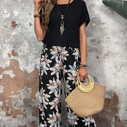 🌸Summer Specials🌸Women's Casual Floral Print Wide Leg Trousers and Short Sleeve Top Set
