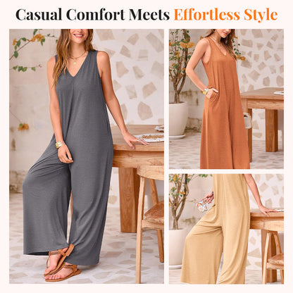 🌞Limited - Time 56% Off! 👗Summer - Ready Women's V - Neck Sleeveless Wide - Leg Jumpsuit 🌴