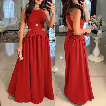 Women's Sexy Waisted Cross Strap Backless Halter Long Dresses