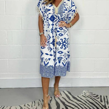 🌟Summer Hot Sale 50% OFF💐Printed Casual Dress With V-Neckline and Fringes on the Short Sleeves