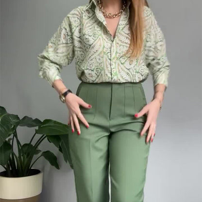 Women's Printed Button Shirt & Pants 2-Piece Set