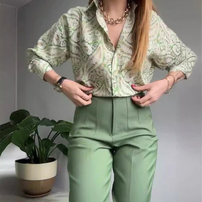 Women's Printed Button Shirt & Pants 2-Piece Set