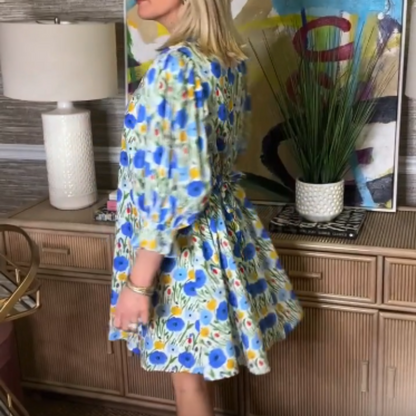 Women's Floral Printed Belted Bubble Sleeve Dress