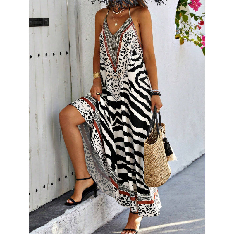 Zebra Leopard Print Slip Maxi Dress