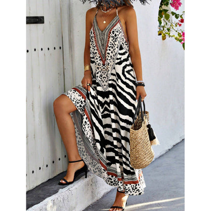 Zebra Leopard Print Slip Maxi Dress