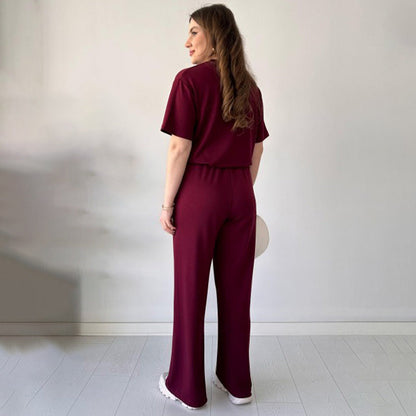 Casual Crew Neck Top & Drawstring Pants Set