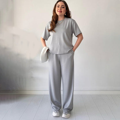 Casual Crew Neck Top & Drawstring Pants Set