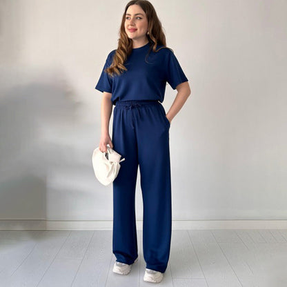 Casual Crew Neck Top & Drawstring Pants Set