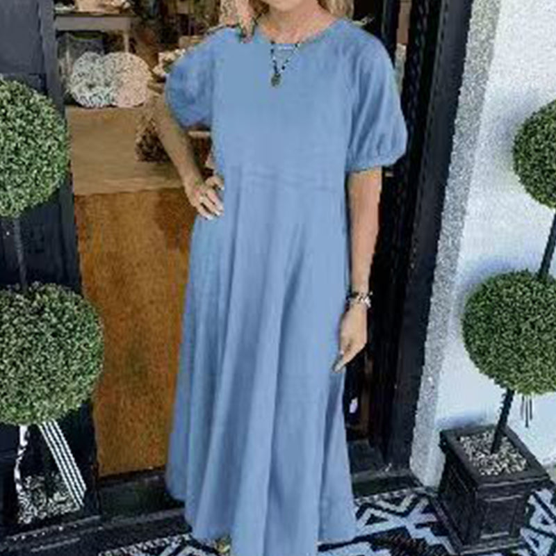Loose-Fit Short-Sleeve Maxi Dress with Flared Hem