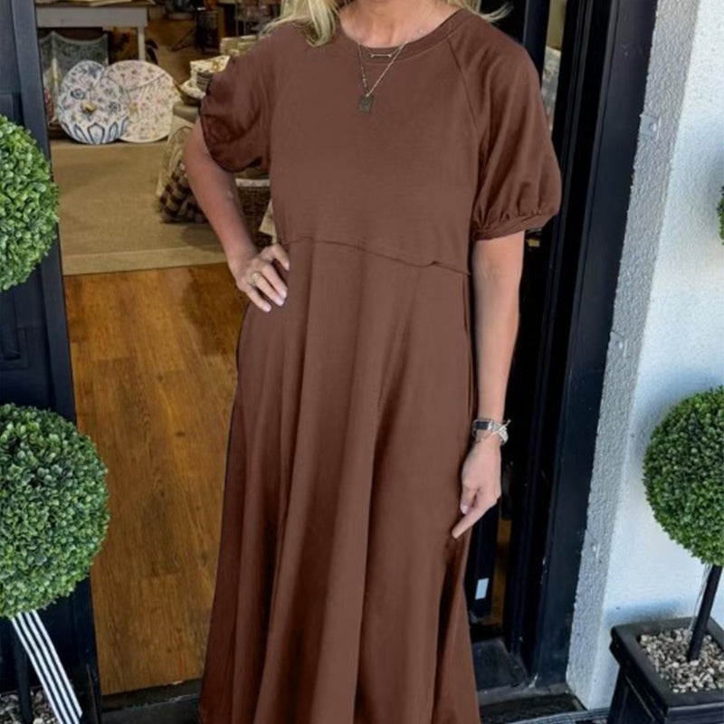 Loose-Fit Short-Sleeve Maxi Dress with Flared Hem