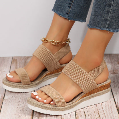 Women's Woven Elastic Strap Thick Bottom Slope Heel Sandals