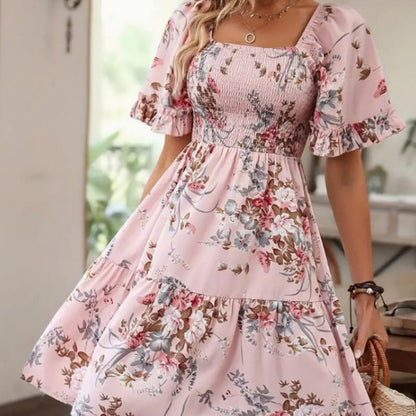 Women’s Elegant Square Neck Floral Print Smocked Dress