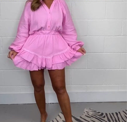 Women's Sweet Ruffled Button V-Neck Dress