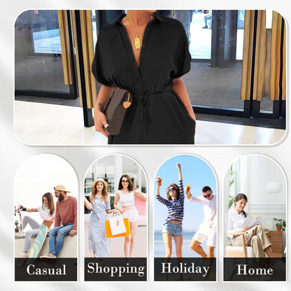 Women's Casual Loose Short Sleeve Button Up Jumpsuit
