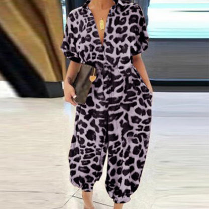 Women's Casual Loose Short Sleeve Button Up Jumpsuit