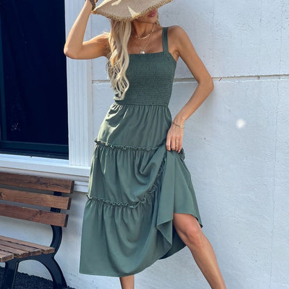 Women's Sleeveless Smocked Dress with Tiered Ruffle Hem