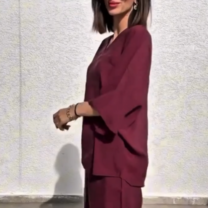 Women's Casual Loose Fit V-Neck Top & Pants Two-Piece Set
