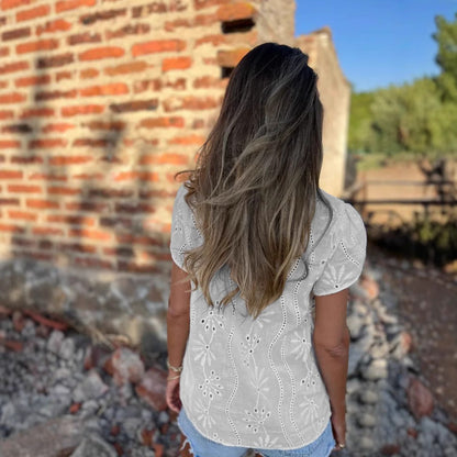 Women's V-Neck Embroidery Hollow Short Sleeve Shirt