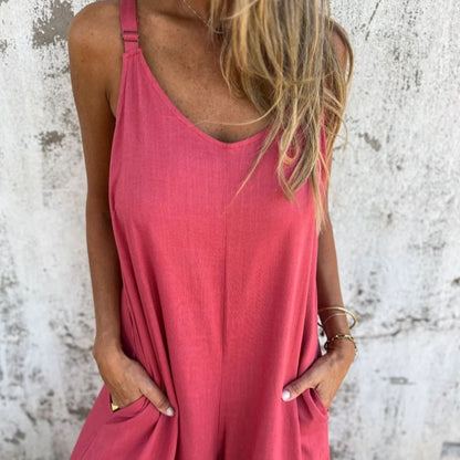 Women's Casual Loose Cotton-Linen Blend Jumpsuit with Pockets and Adjustable Straps