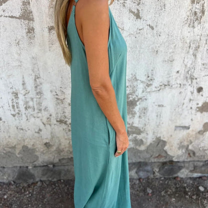 Women's Casual Loose Cotton-Linen Blend Jumpsuit with Pockets and Adjustable Straps