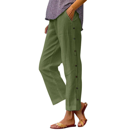 Casual Solid-Color Loose-Fit Cropped Pants with Side Buttons
