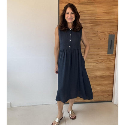Solid Color Round Neck Sleeveless Button Dress