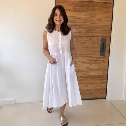 Solid Color Round Neck Sleeveless Button Dress