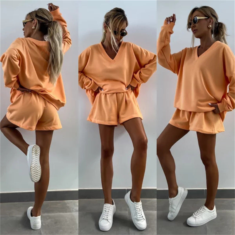 Women's Casual V-Neck Long Sleeve Top & Elastic Waist Shorts 2-Piece Set