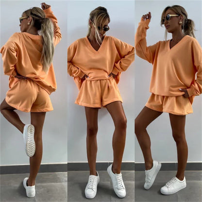 Women's Casual V-Neck Long Sleeve Top & Elastic Waist Shorts 2-Piece Set