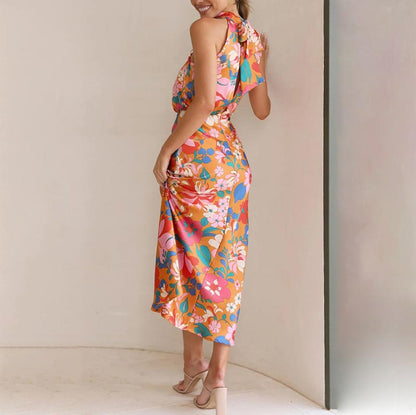 Love In The Garden Floral Halter Neck Elastic Waist Maxi Dress