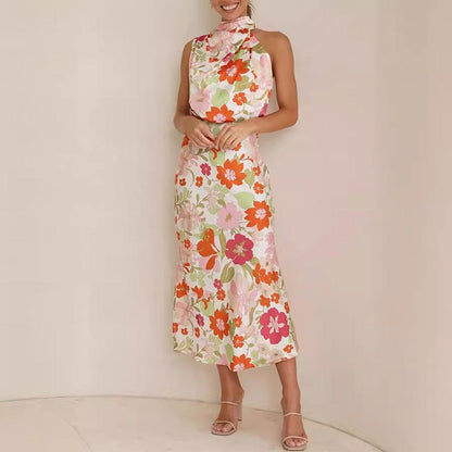 Love In The Garden Floral Halter Neck Elastic Waist Maxi Dress