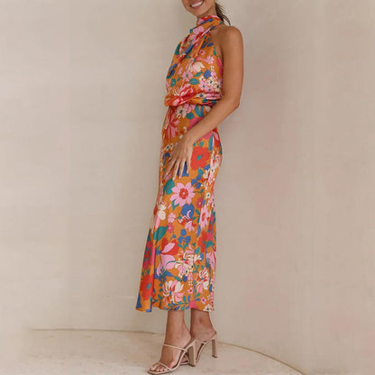 Love In The Garden Floral Halter Neck Elastic Waist Maxi Dress