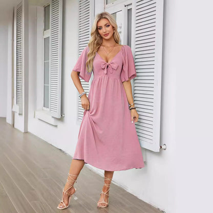 Bowknot V-Neck Pleated Long Dress
