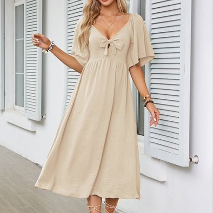 Bowknot V-Neck Pleated Long Dress