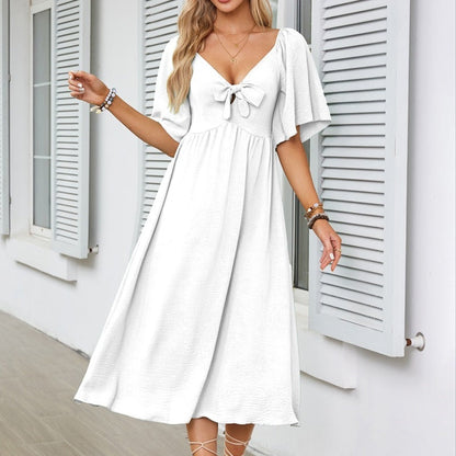 Bowknot V-Neck Pleated Long Dress