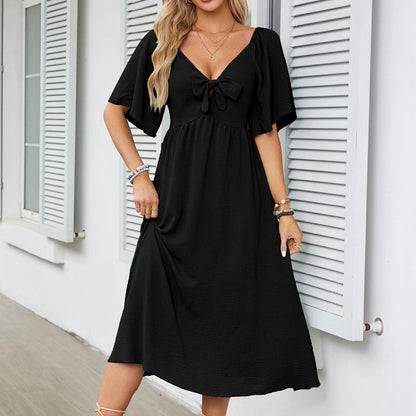 Bowknot V-Neck Pleated Long Dress