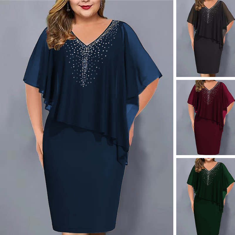 🌸2026 Summer Specials💐Rhinestone V-Neck Cape Dress with Chiffon Overlay