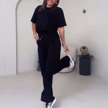 Effen Damesbovenstuk met Korte Mouwen ＆ Broek Tweedelige Set
