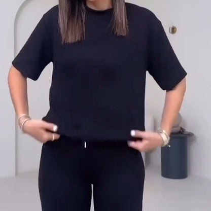Effen Damesbovenstuk met Korte Mouwen ＆ Broek Tweedelige Set