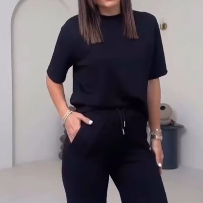 Effen Damesbovenstuk met Korte Mouwen ＆ Broek Tweedelige Set
