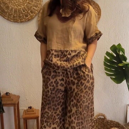 Stylish Patchwork Short Sleeve Top & Wide Leg Pants Two Piece Set