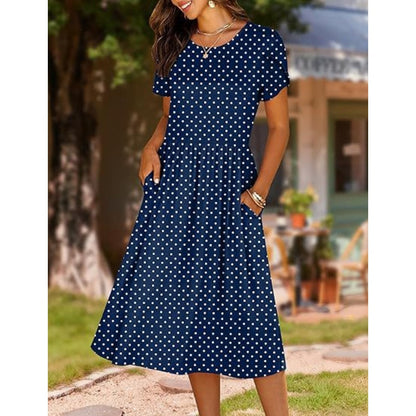 Women's Elegant Round Neck Midi Dress with Pockets