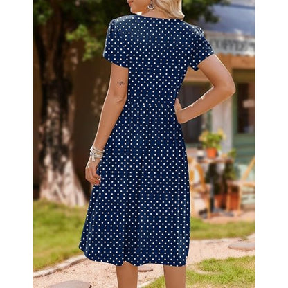 Women's Elegant Round Neck Midi Dress with Pockets