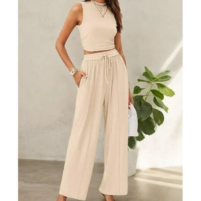 🌸New Arrival 50%OFF💖 Women's Summer Solid Short Crop Tank Top & Drawstring Wide Leg Pants 2-Piece Set